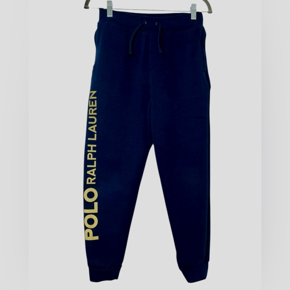 Polo Ralph Lauren Kids Navy Gold Logo Double Knit Fleece Jogger Sweatpants Med
